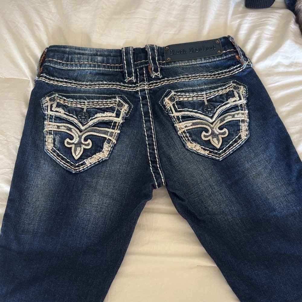 Rock Revival Dark Blue Boot Cut Jeans with White Embroidery